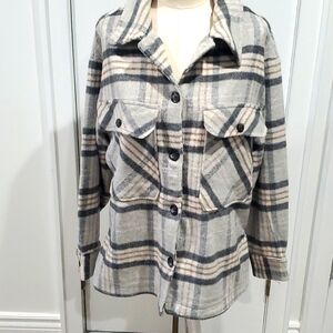 Reserve Oversized Acrylic Checked Grey Shacket Shirt Jacket Size Large